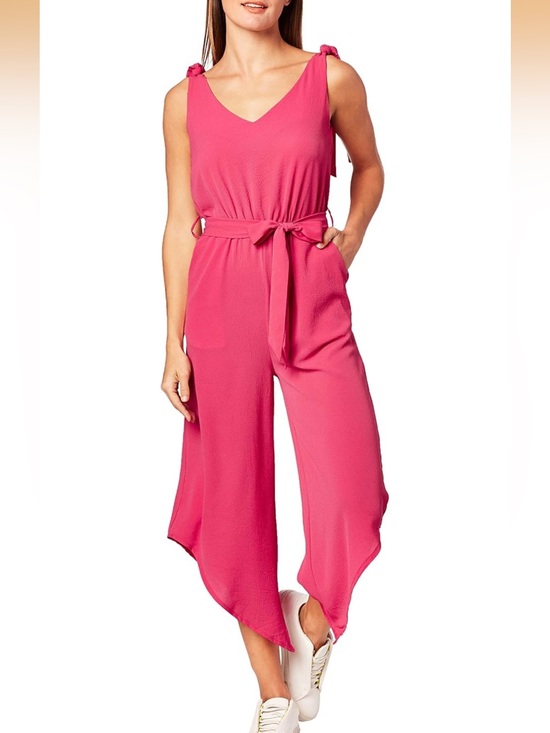 Pants - Sleeveless V-Neck Pink Wide-Leg Jumpsuit with Tie Waist